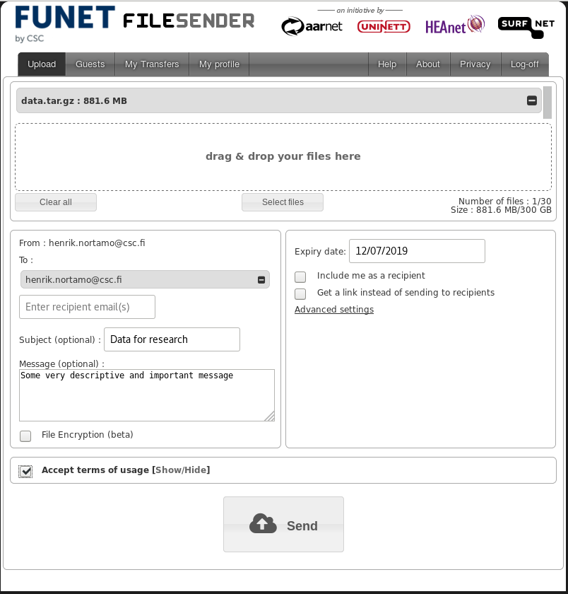 Funet FileSender upload page