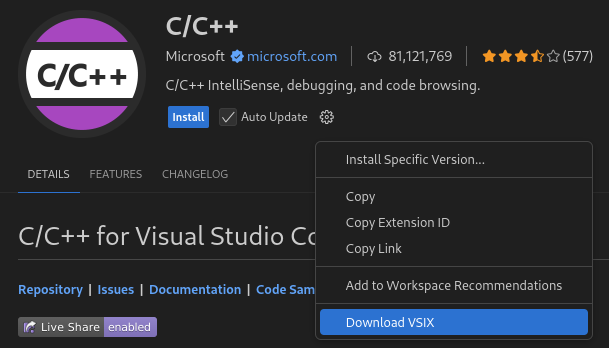 downloading cpptools VSIX