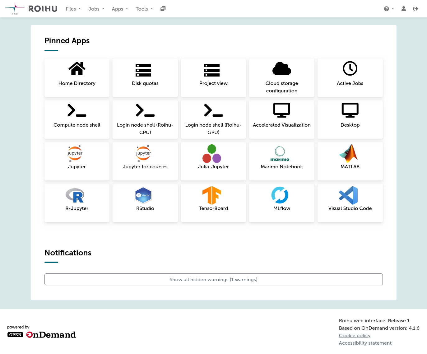 Roihu web interface front page