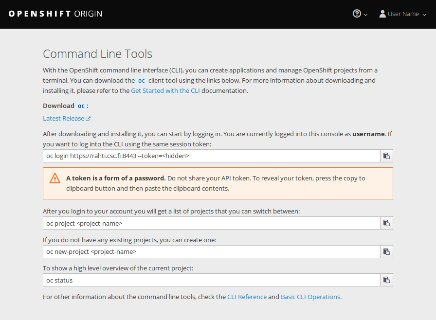 OpenShift Command Line Tools page