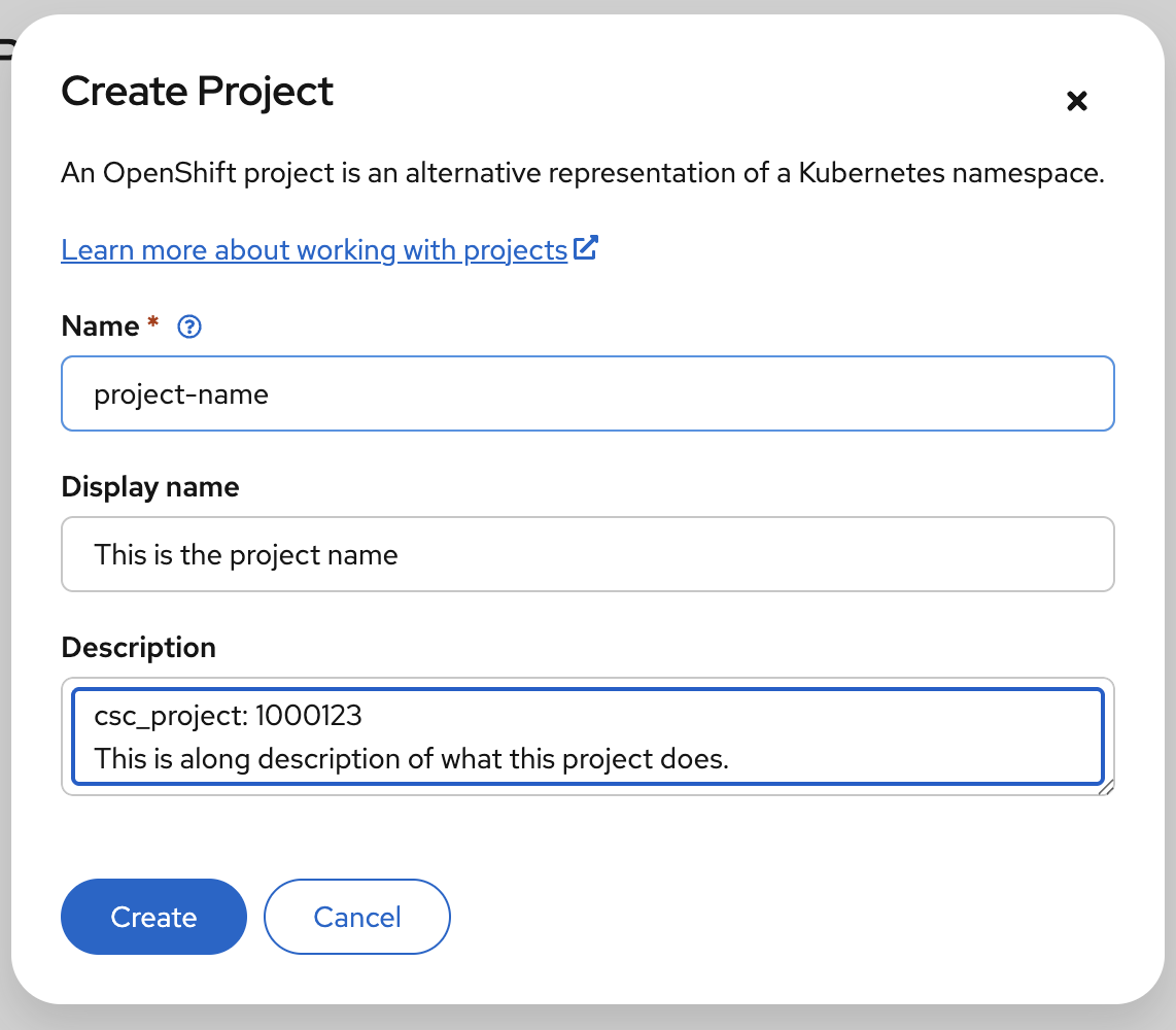 OpenShift new project dialog