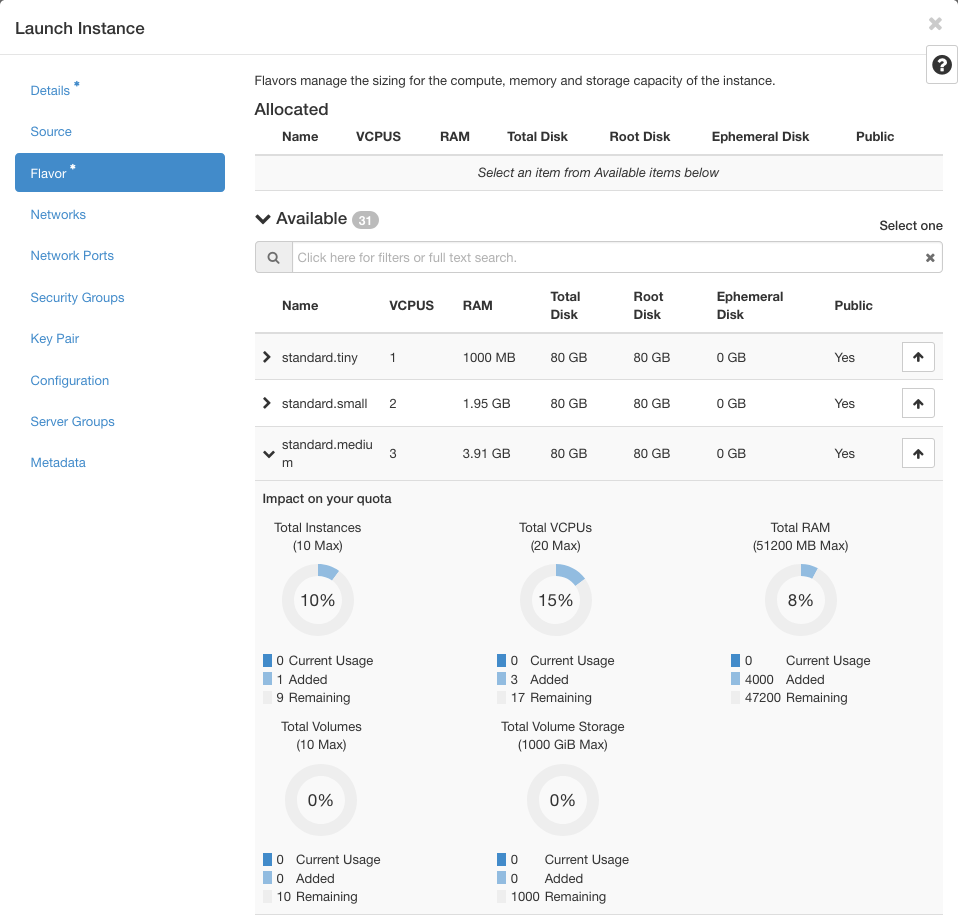 Select the instance flavour