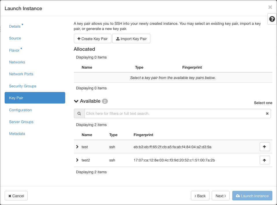 Launch the instance key-pairs