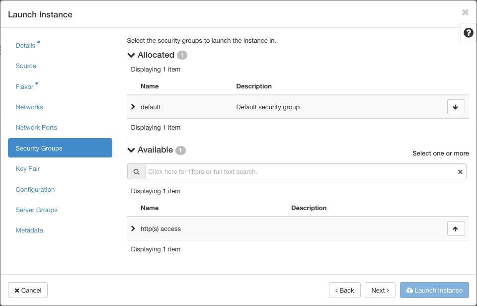 Launch the instance security group