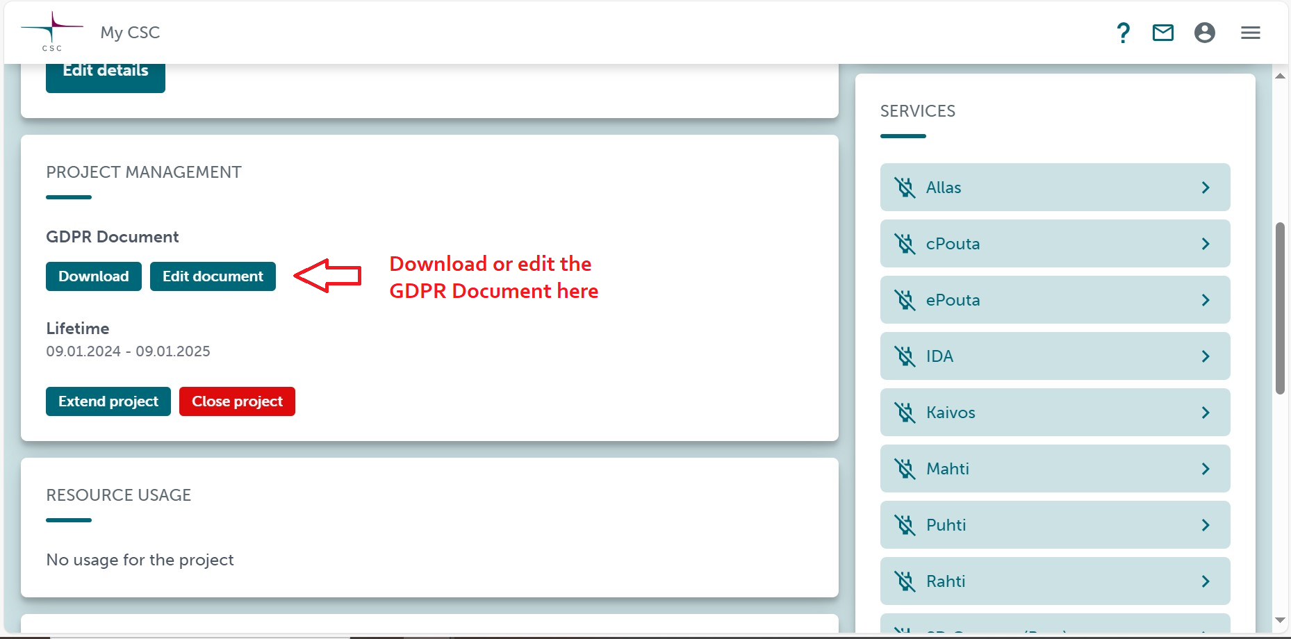 MyCSC:n Projektinhallinta-sivu