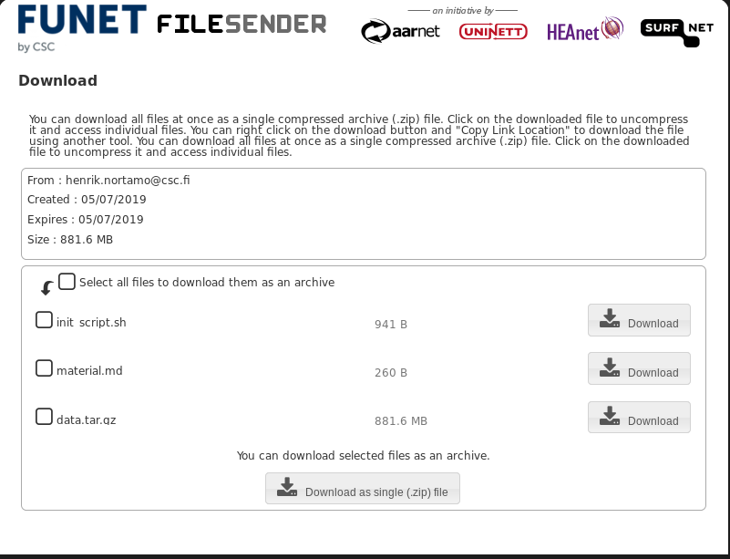 Funet FileSenderin lataussivu