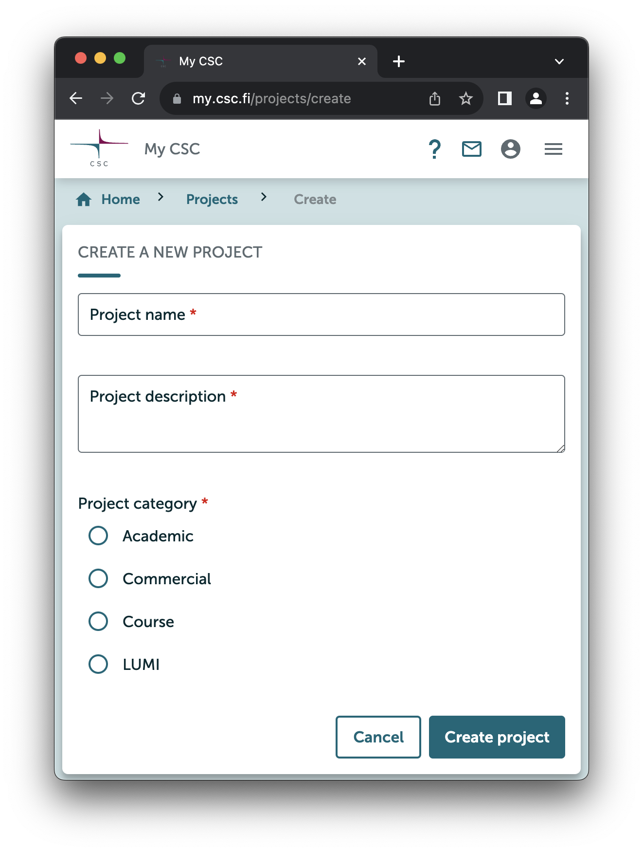Näkymä uuden projektin luomisesta.