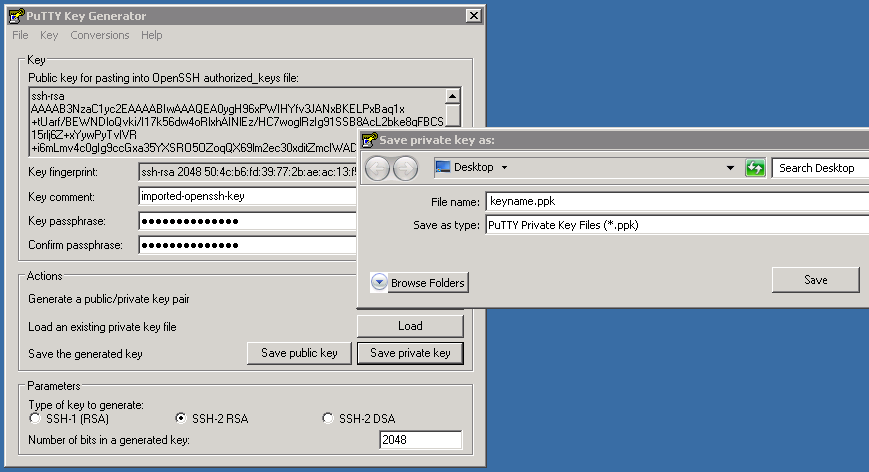 Saving the private key in the password protected .ppk format with puttygen
