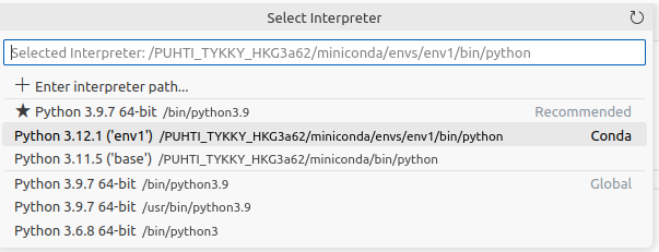 Selecting the Python interpreter in VS Code for tykky container environments
