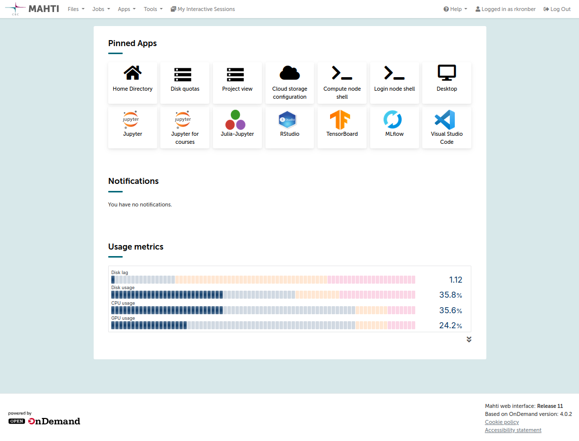 Puhti web interface front page